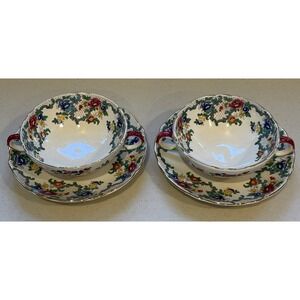 Vtg Royal Cauldon VICTORIA Soup Bowl & Saucer England Floral Scalloped Gold TWO